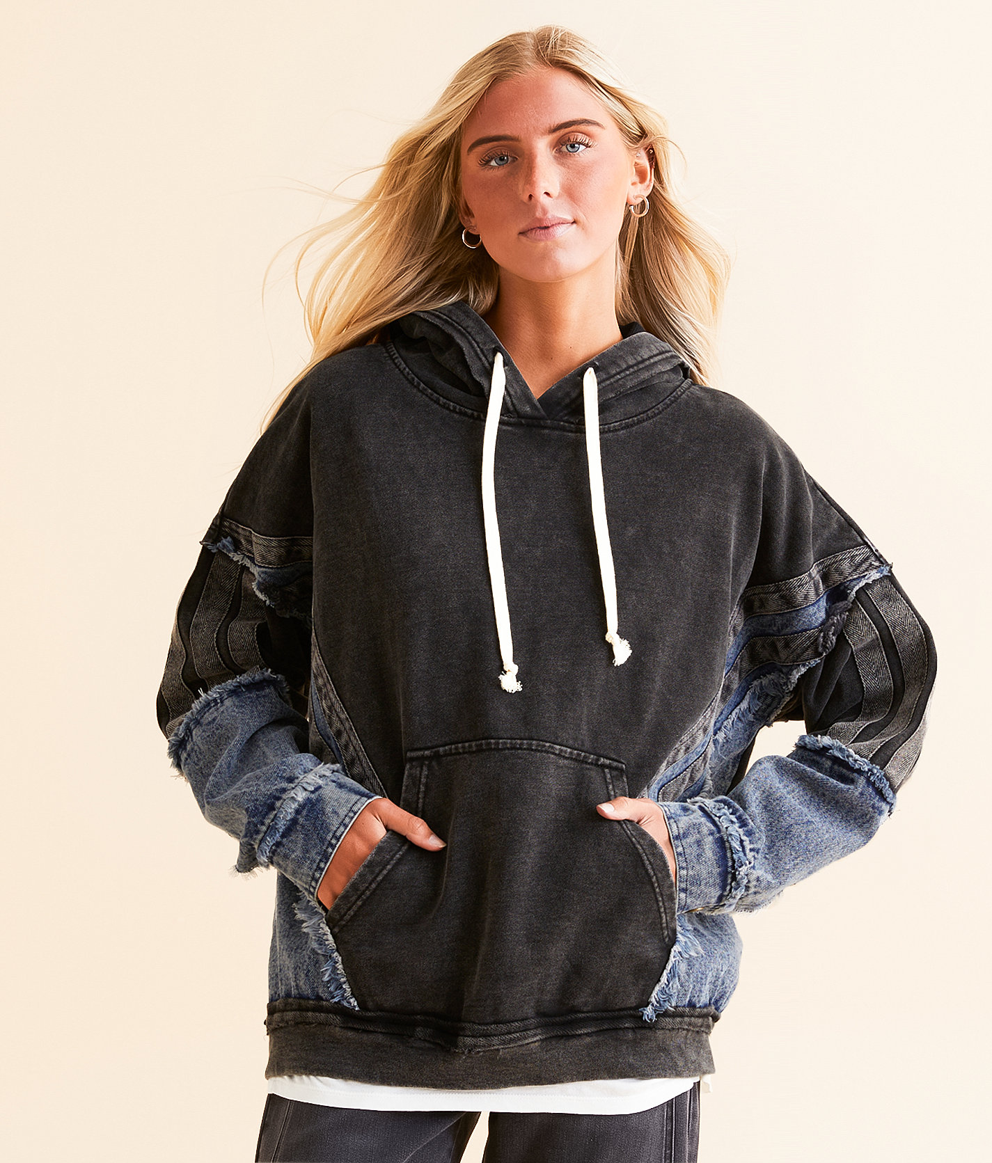 Gilded Intent Pieced Denim Hooded Sweatshirt - Women's Sweatshirts in Washed Black