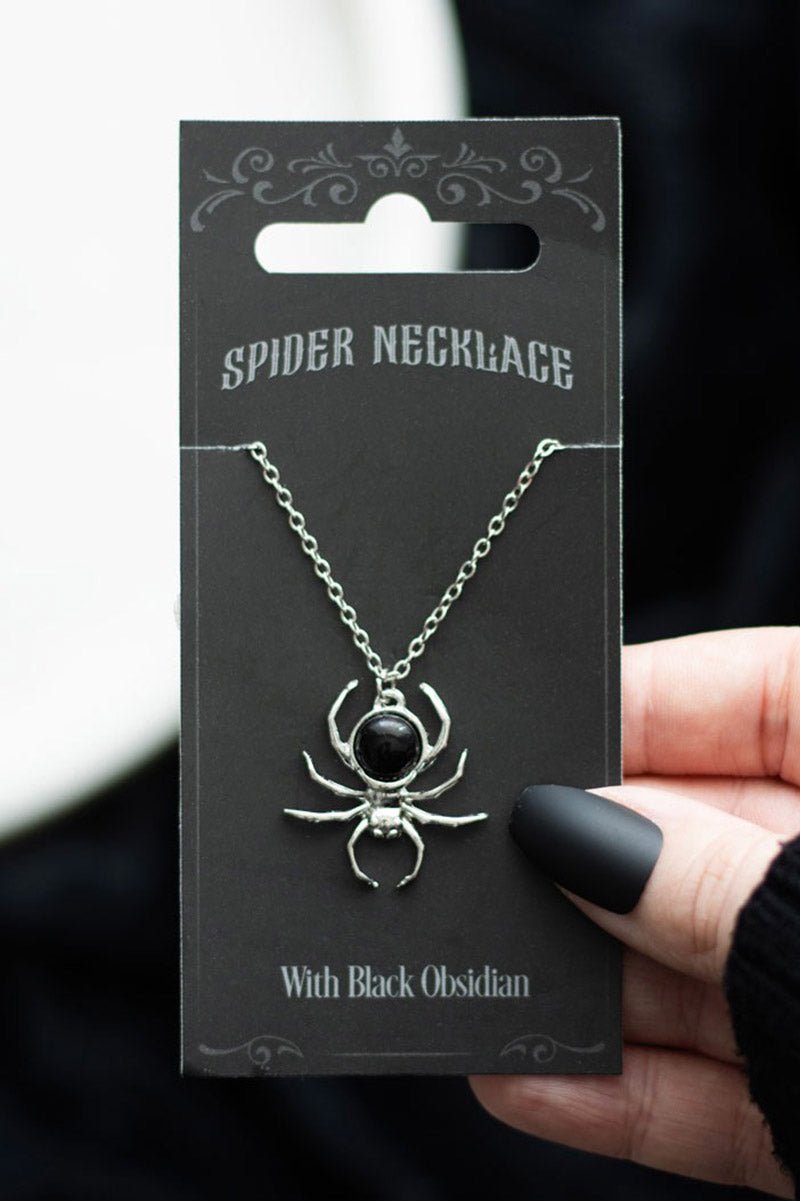 Gothic Black Obsidian Spider Pendant Necklace