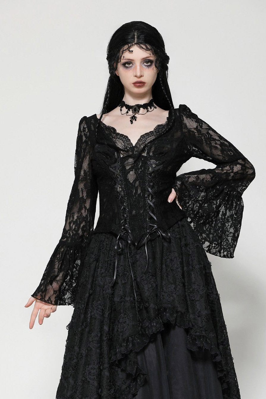 Dark Palace Flared Sleeve Lace-Up Top