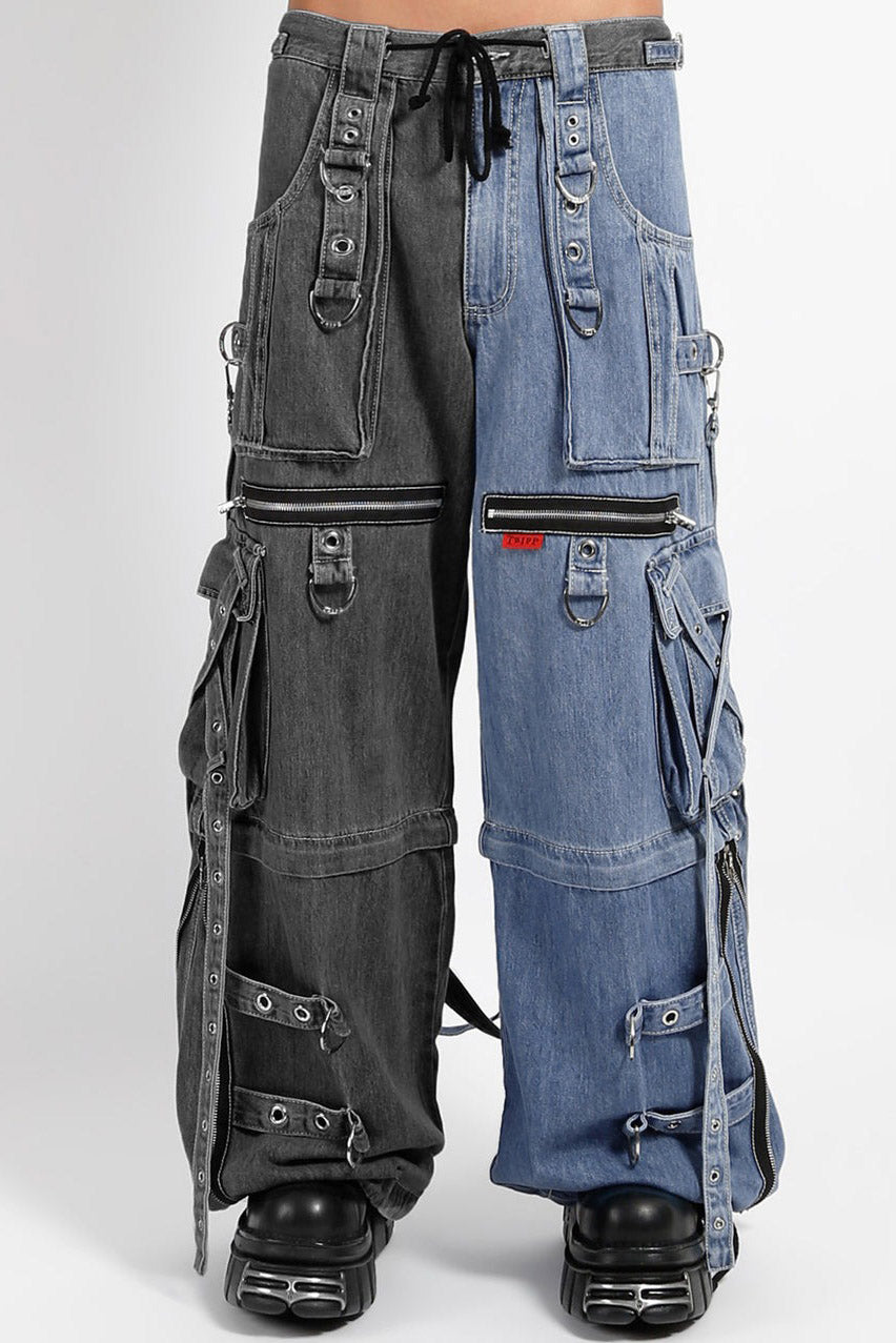 Tripp NYC X-Strap Split Denim Pants [BLACK DENIM/INDIGO BLUE]