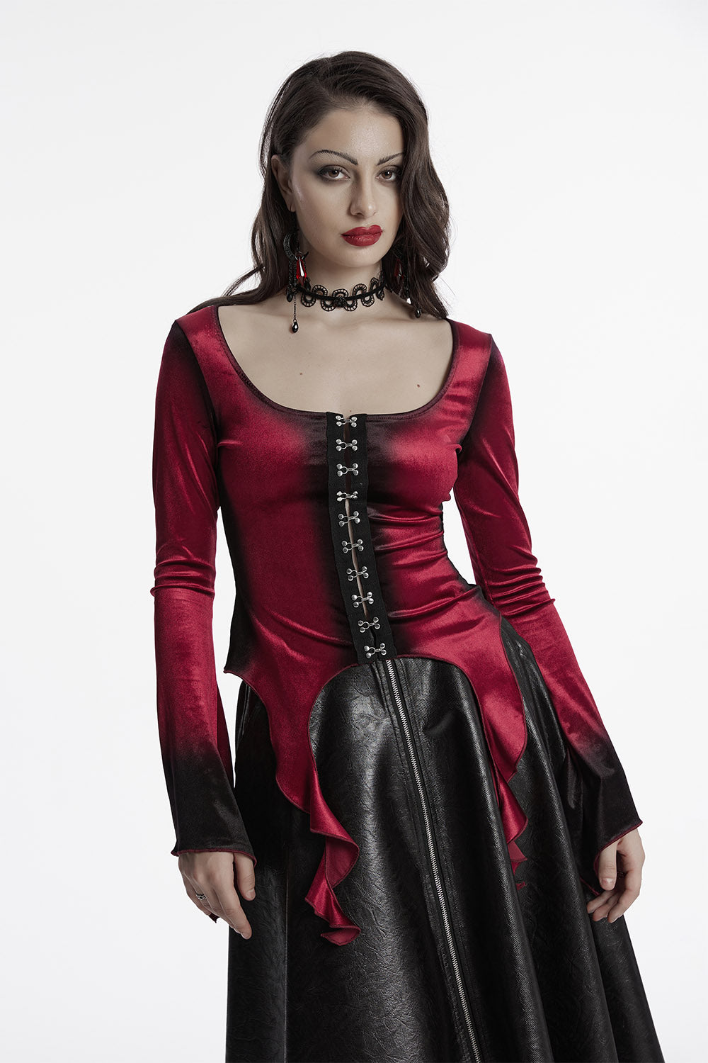 Blood Moon Irregular Hem Flare Sleeve Top [Red]