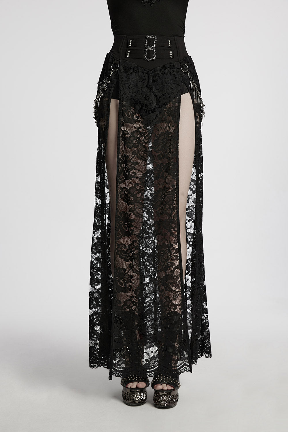 Perish Lace Leg Slit Skirt with Spiked Chains