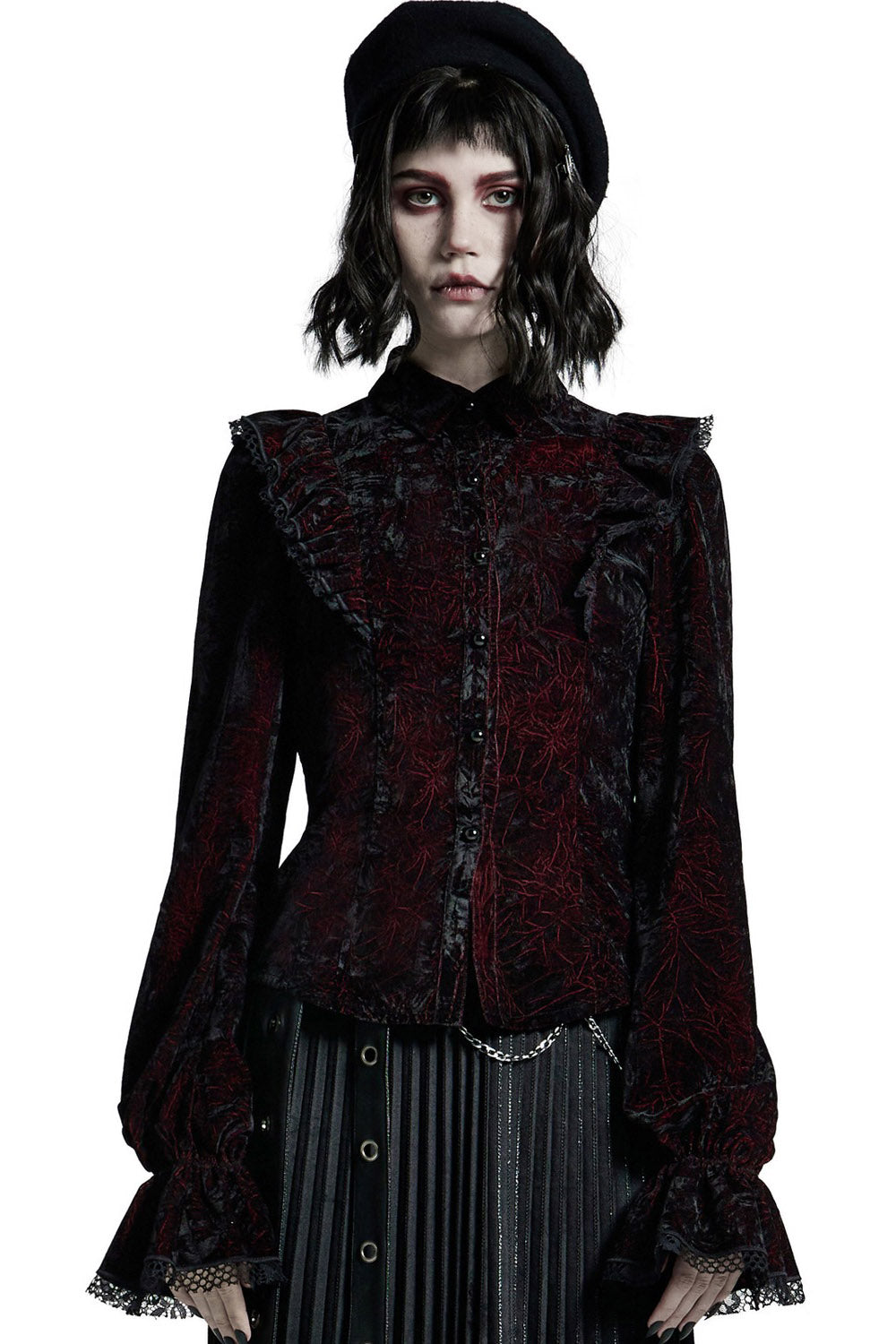 Crimson Manor Ruffled Button-Up Top