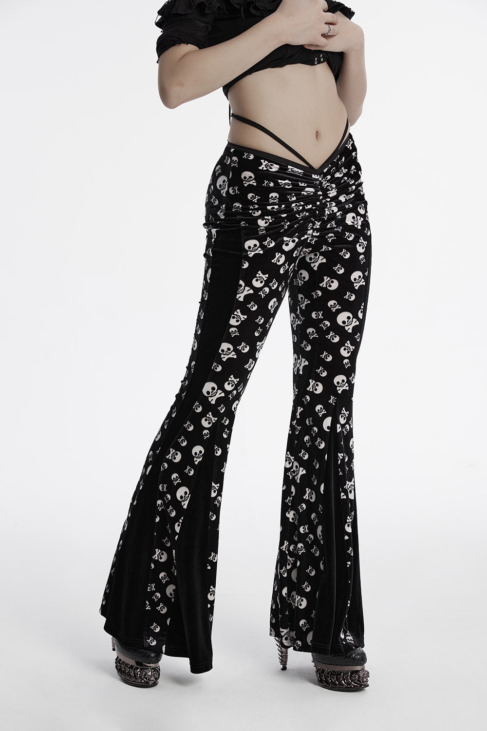 Skull and Crossbones Velvet Flares [Black/White]