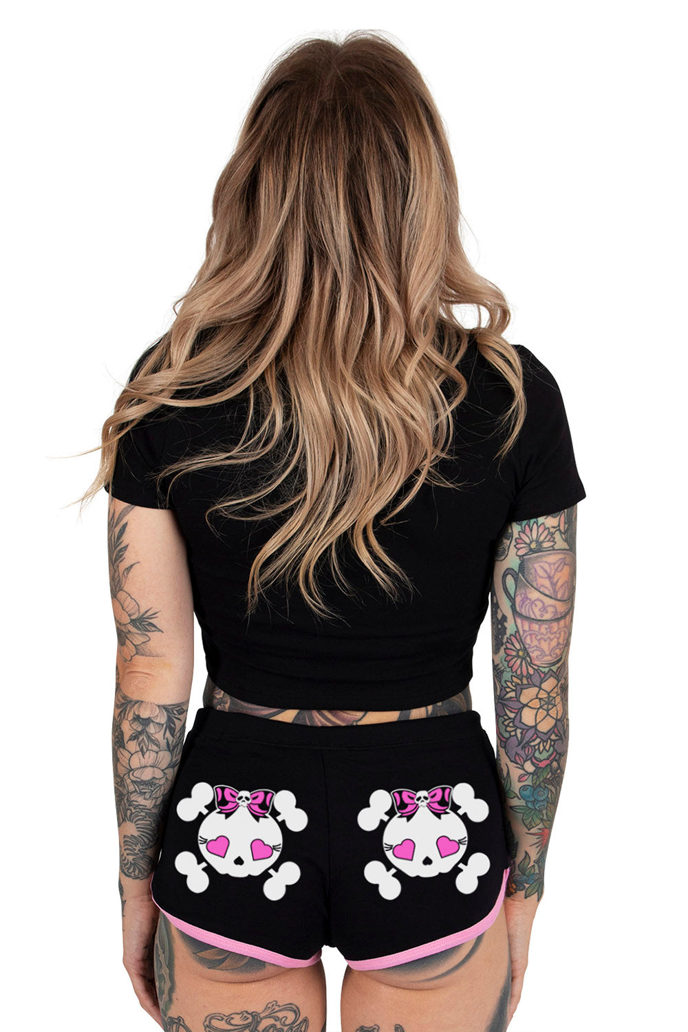 Heart Eyed Girly Skull Black Short Shorts [Pink Trim]