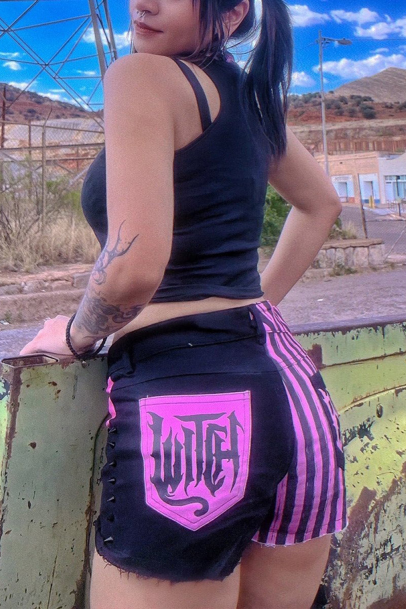 Pink Striped Witch Bitch Studded Stretch Denim Shorts