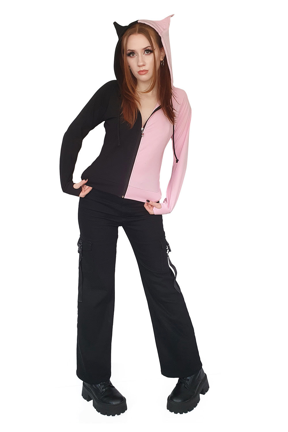 Yuri Half and Half Hoodie [BLACK/PINK]