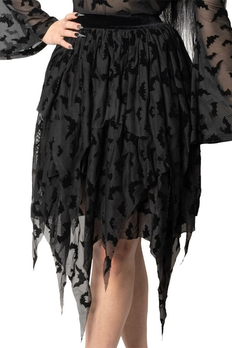 Bat Repeat Mesh Tiered Midi Skirt