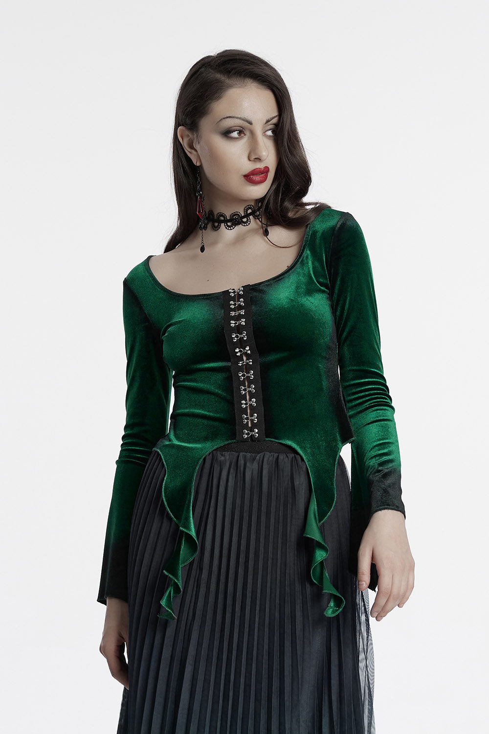 Emerald Throne Velvet Flared Sleeve Top [Green]